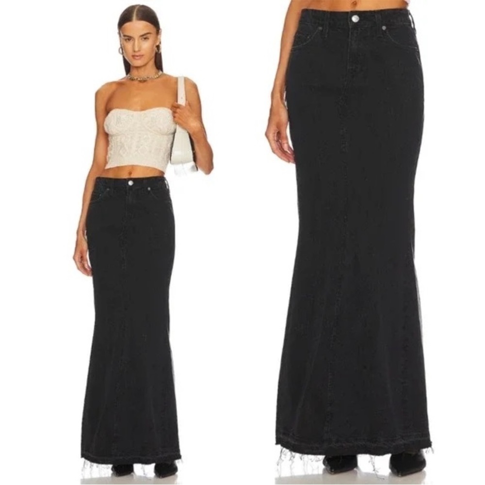 Grlfrnd- Ariana Flared Mid Rise Denim Maxi Skirt In Black East Side Size 27